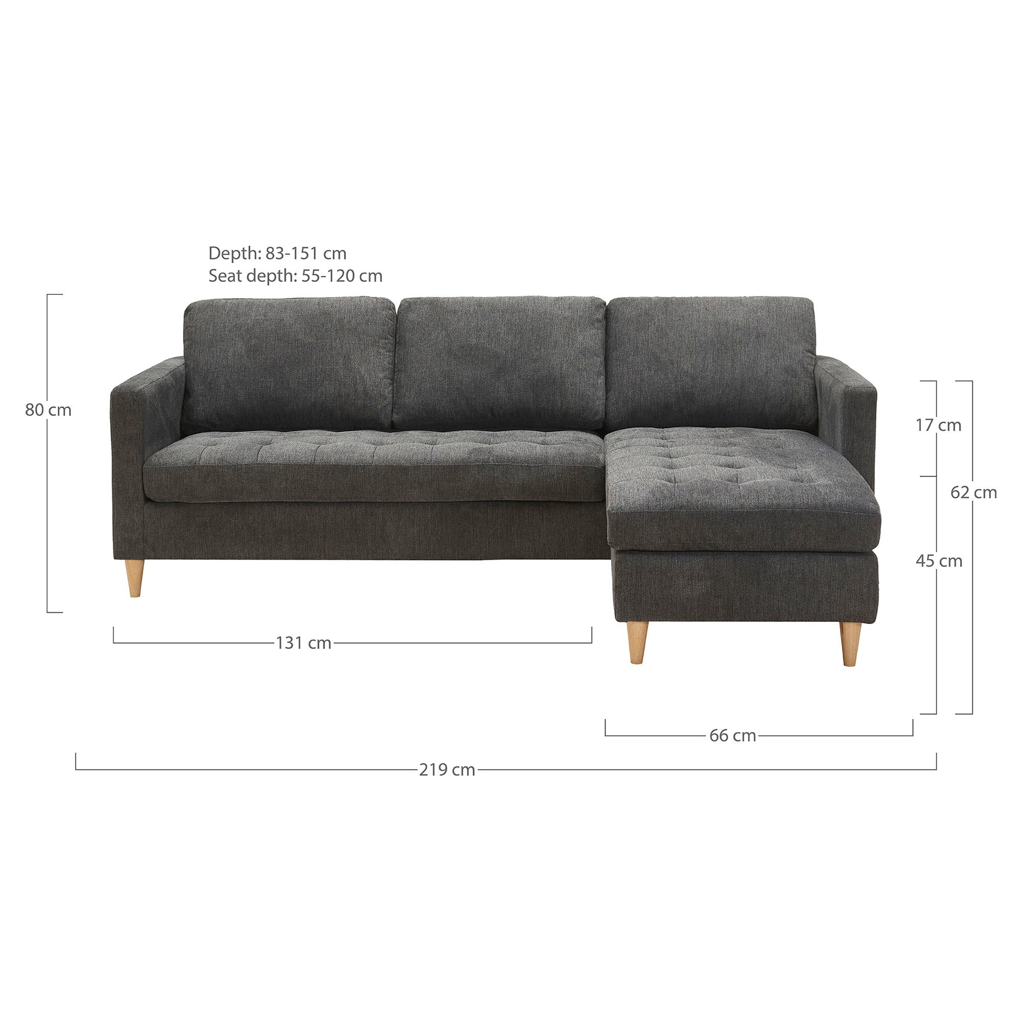 Firenze – Ecksofa mit Naturholzfüßen, 151–83 × 219 × 80 cm